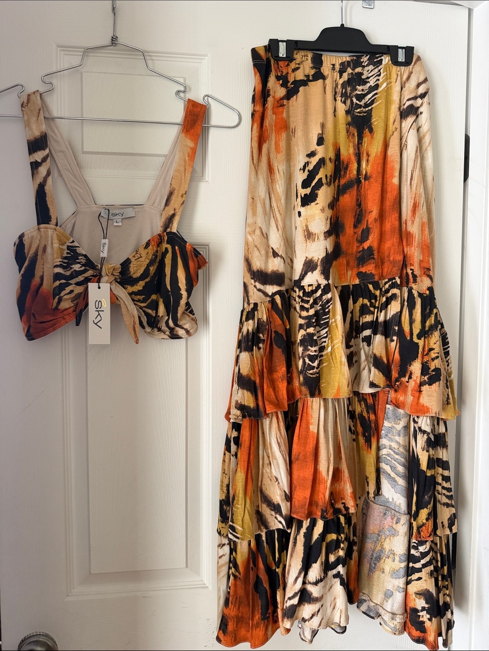 Sky Orange Black Cream Tiered Maxi Skirt with Matching Top